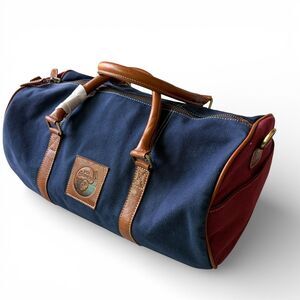 New F.H. Wadsworth NYC Brown Leather Trim Zip Duffle Bag Blue Red Fabric Luggage